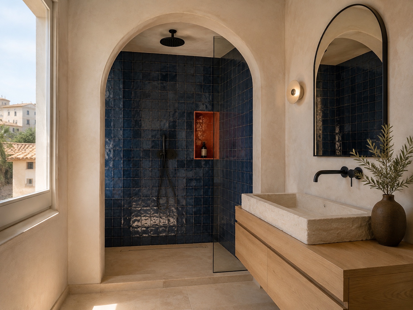 Salle de bain en arche, zellige bleu